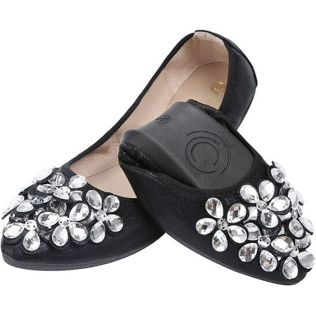 Women Ballet Flats Rhinestone Wedding Ballerina Shoes Foldable Sparkly Comfort Slip on Flat Shoes