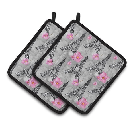 Caroline's Treasures Watercolor Pink Flowers Eiffel Tower Pair of Pot Holders