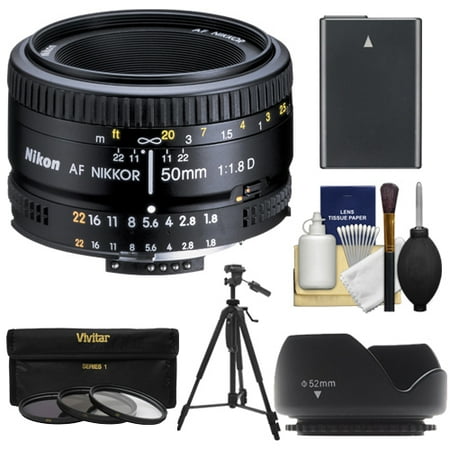 Nikon 50mm f\/1.8D AF Nikkor Lens with EN-EL14 Battery + 3 UV\/CPL\/ND8 Filters + Hood + Tripod + Kit for D3200, D3300, D5200, D5300 & D5500 Cameras