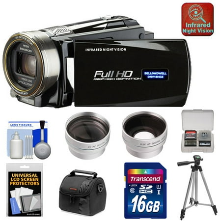 Bell & Howell DNV16HDZ 1080p HD Video Camera Camcorder with Infrared Night Vision (Black) with 16GB Card + Case + Tripod + Wide Angle & Telephoto Lenses + Accessory Kit