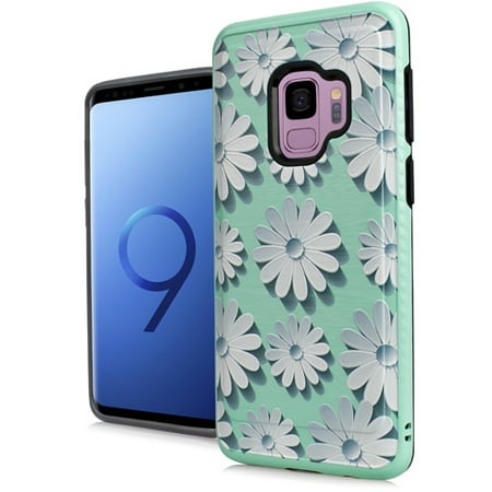 [해외] MUNDAZE Mundaze White Daisy Teal Brushed Armor Anti-Shock Case For Samsung Galaxy S9 Phone