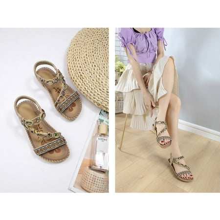 Fjofpr Shoes Bohemian Flat Flower Rhinestone Sandals Outer Beach Sandals Hot