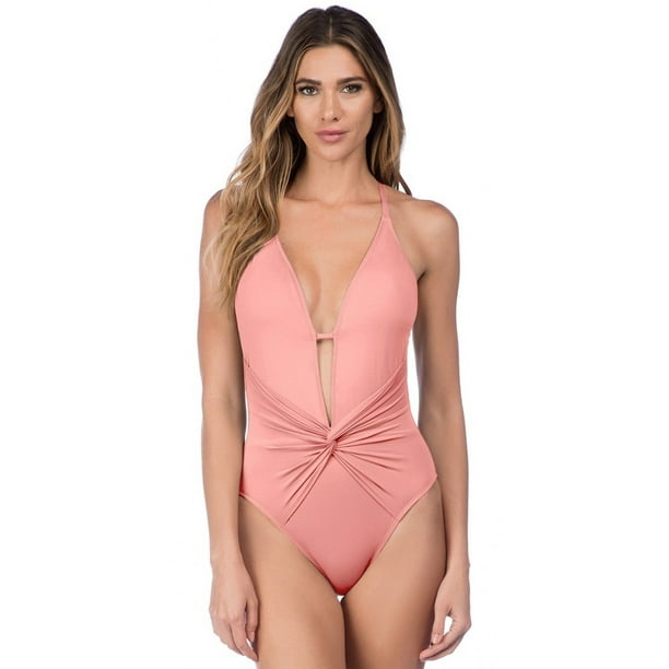 La Blanca Island Goddess Plunge One-Piece in Light Coral LB7AA15-LCR 6 / Pink