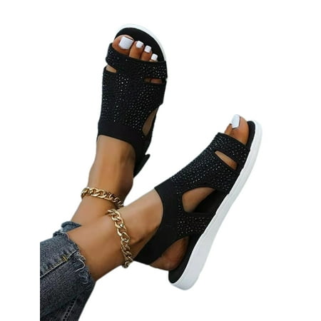 Tapsier Womens Rhinestone Platform Sandals Summer Beach Open Toe Shoes Black