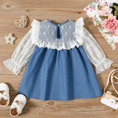 Cathalem Floral Toddler Dress Kids Girls Toddler Beach Long Sleeves Mesh Princess Girls Toddler Wedding Dresses for Girls Dress Blue 18-24 Months