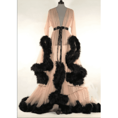 Michellecmm Women Long Sleeve Plush Robe Kimono See Through Extra Long Dress