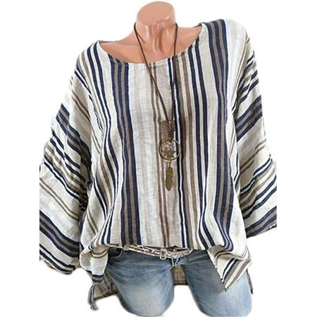 Multitrust Plus Size Women Tops Long Sleeve Blouse Cotton Linen Striped Baggy Loose T-Shirt