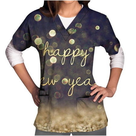 Womens Scrub Tops Short Sleeve Trendy Clothing V Neck Happy New Year Working Uniforms With Pockets
Womens Scrub Tops Short Sleeve Trendy Clothing V Neck Happy New Year Working Uniforms With Pockets