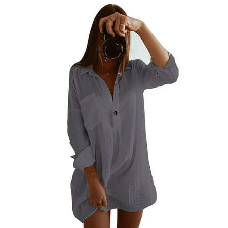 Women V Neck Long Sleeve Blouse Button Down Plain Linen Top Shirt Casual Loose Mini Dress