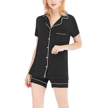 

S-2XL Women s Notch Collar Short Sleeve Sleepwear Two Piece Pajama Set Ladies Button Down Tops+Shorts PJ Sets