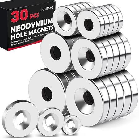 

DIYMAG Neodymium Disc Countersunk Hole Magnets Strong Permanent Rare Earth Magnets for Tool Room Science Craft Office 3 Sizes 30 Pcs