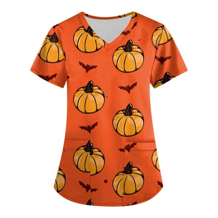 

Knosfe Nurse Scrubs Pumpkin Ghost Bat V Neck Workwear Print Scrub Tops for Women Medical Halloween Short Sleeve Plus Size Tops for Women Dressy with Two Pockets Orange 3XL