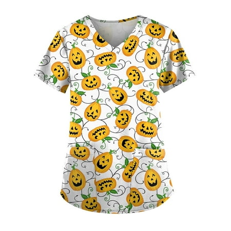 Sksloeg Sksloeg Printed Scrub Tops for Women Short Sleeve Plus Size Pumpkin Cat Bat Print Working Holiday Nurse Uniform with Two Big Pockets White M
Sksloeg Sksloeg Printed Scrub Tops for Women Short Sleeve Plus Size Pumpkin Cat Bat Print Working Holiday Nurse Uniform with Two Big Pockets White M