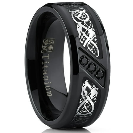 Black Titanium Wedding Ring Band with Dragon Design Over Carbon Fiber Inlay and Black Cubic Zirconia SZ