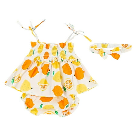 Baby Girls Strap Lemon Print Tops PP Pants Hair Band Outfits Sets