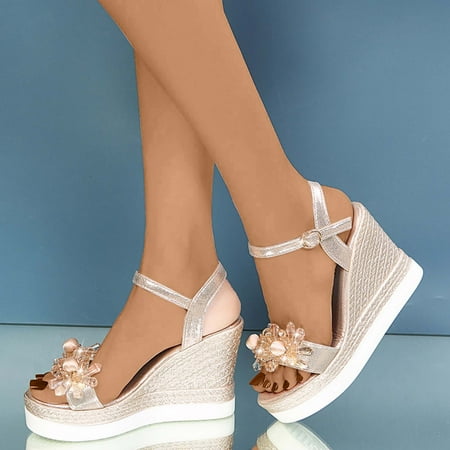 Lydiaunistar Women s Open Toe Casual Shoes Rhinestone Comfortable Platform Wedge Sandals Shoes Gold 7.5()
