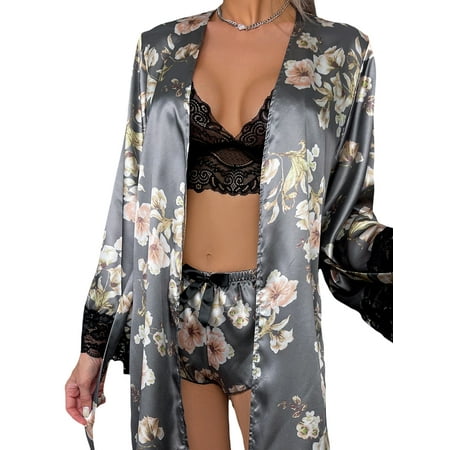 Sprifallbaby Women Pajamas 3 Piece Outfit Lace Patchwork Long Sleeve Kimono Bathrobe and Lace Bra Shorts Robe Sets Nightwear
Sprifallbaby Women Pajamas 3 Piece Outfit Lace Patchwork Long Sleeve Kimono Bathrobe and Lace Bra Shorts Robe Sets Nightwear
