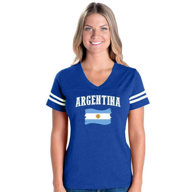 Argentina Flag Women's Football V-Neck Fine Jersey Tee