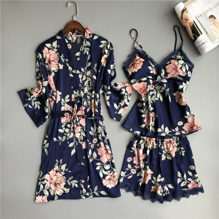Shiusina Wireless Rimless Pajamas Lace Nightdress Silk Underwear Women Sleepwear Blue L