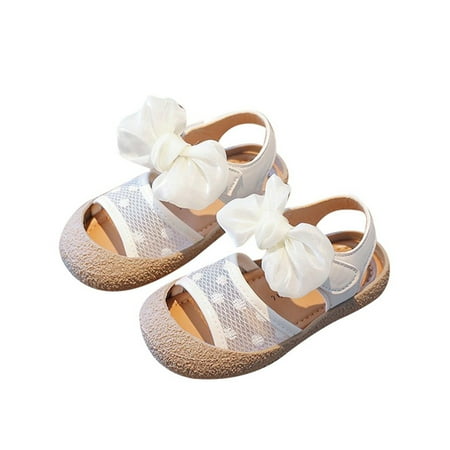 

nsendm Female Sandal Little Kid Toddler Closed Toe Sandals Girls Package Head Soft Bottom Bow Mesh Design Princess Shoes Little Girl Flip Flops Beige 11.5