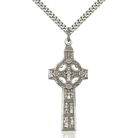 Sterling Silver Scriptures Cross Pendant 1 3/4 x 3/4 inches with Heavy Curb Chain