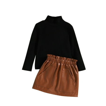 COFEST Black High Neck Long Sleeve Top + Leather Skirt + Hat Top Skirt Leather Hat Set Suitable For Ages 1-5 Years Old Black 3Y
