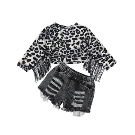 Bmnmsl Baby Girl Sets Fringed Long Sleeve Leopard Print Top Ripped Shorts
