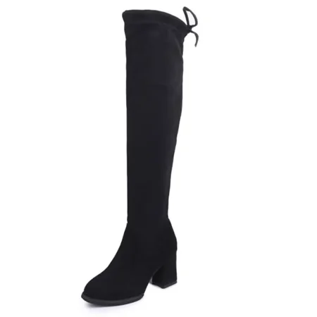 Women‘s Over The Knee Chunky Heeled Boots Black Knot Back Sock Boots