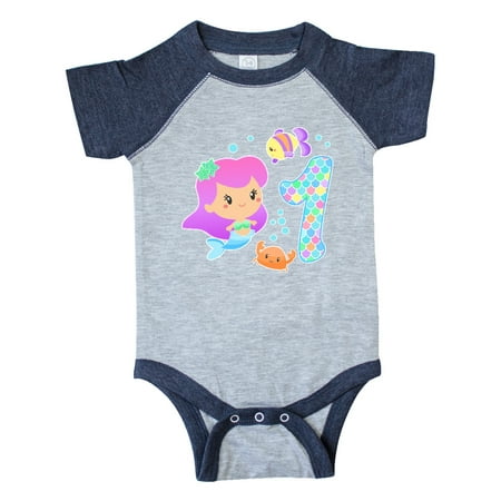 Inktastic First Birthday Mermaid with fish and crab Gift Baby Girl Bodysuit
