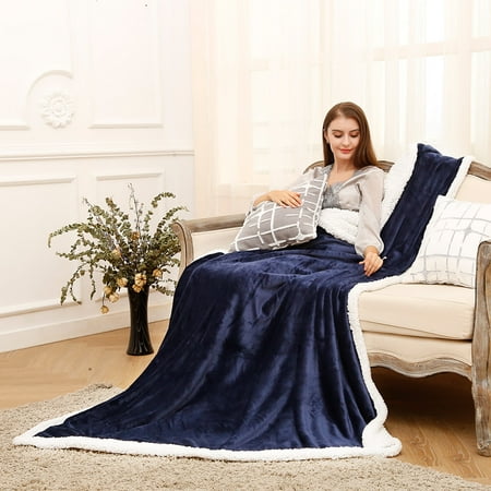Blanket Reversible Flannel/Sherpa Throw Blanket Soft Cozy Warm Plush Fuzzy Easy Care Couch Sofa Bed Blankets, 60 x 80 Inches Navy Blue