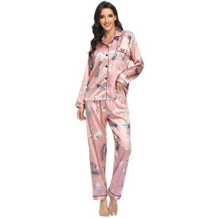 Clearance!Autumn Spring Womens Silk Satin Pajamas Set Button down Floral Dot Pattern Sleepwear Loungewear Ladies Pajamas Nightgown