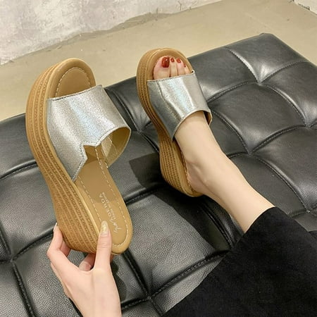 HIBRO Fashion Summer Women Sandals Wedge Heel Middle Heel Thick Sole Solid Color Sequins Lightweight Casual