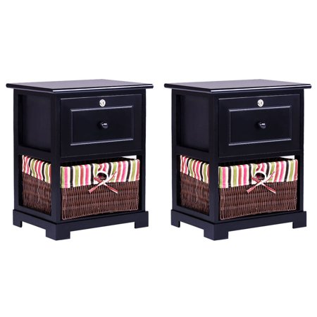2 PCS 2Tiers Wood Nightstand 1 Drawer Bedside End Table Organizer W/Basket Black