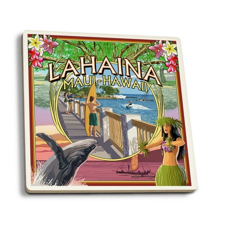 

Lahaina Maui Hawaii Town Scenes Montage (Absorbent Ceramic Coasters Set of 4 Matching Images Cork Back Kitchen Table Decor)