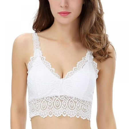 

FANTADOOL Sexy Women Lace Crochet Bralette Bralet Bra Bustier Crop Top Floral Cami Padded Tank Tops bra-White