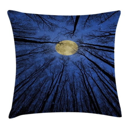 Forest Home Decor Throw Pillow Cushion Cover, Full Moon Illumination in Woods Star Night Heavenly Lunar Treetops Up Space Art, Decorative Square Accent Pillow Case, 24 X 24 Inches, Blue, by Ambesonne