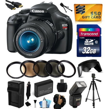 Canon EOS Rebel T3 Digital SLR Camera with EF-S 18-55mm f\/3.5-5.6 IS Lens with 32GB Memory + Flash + Battery + Charger + Lens Hood + Grip Strap + HDMI Mini Cable + Cleaning Kit +$50 Gift Card 5157B002