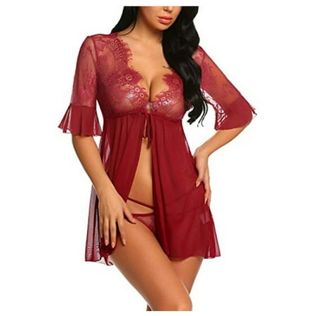 

OVTICZA Valentines Lingerie for Women Chemise Front Closure Babydoll Nightgown Short Sleeve Lace Nightdress Wine 2XL