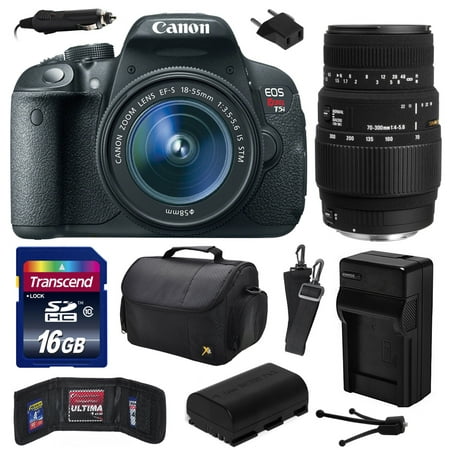 Canon EOS Rebel T5i (700D) Digital SLR with 18-55mm STM and Sigma 70-300mm f\/4-5.6 DG Macro Lens includes 16GB Memory, Large Case, Extra Battery, Charger, Memory Card Wallet, Cleaning Kit 8595B003