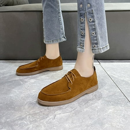 Cathalem Summer Shoes for Women Casual Suede Flat Front Lace Up Casual Flock Single Shoes Causal Women Shoes Wide Width Casual Brown 7