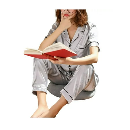 2 Pcs Women Silk Satin Pajamas Set Short Sleeve Button Down Sleepwear Elastic Waist Loungewear Pj Set With Pockets
2 Pcs Women Silk Satin Pajamas Set Short Sleeve Button Down Sleepwear Elastic Waist Loungewear Pj Set With Pockets