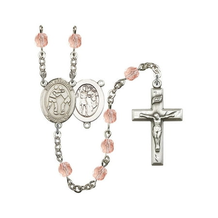 St. Sebastian/Wrestling Silver-Plated Rosary 6mm October Pink Fire Polished Beads Crucifix Size 1 3/8 x 3/4 medal charm