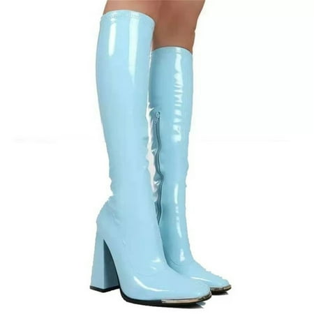 Women Boots Square Heel Patent Leather Pointed Toe Knee High Boots Winter Boot Side Zipper Long Boots