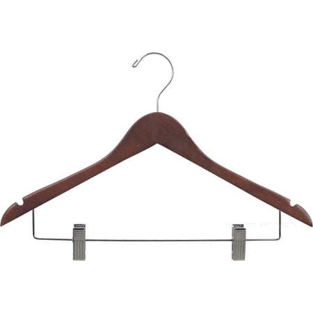 Rubberized Wooden Combo Hangers with Walnut Finish & Adjustable Cushion Clips, Flat Rubber Coated Hangers with Chrome Hook & Notches (Set of 100) by International Hanger