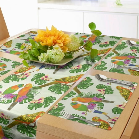 

Exotic Table Runner & Placemats Vivid Parrots on Floral Branches with Orchids and Philodendron Set for Dining Table Decor Placemat 4 pcs + Runner 16 x90 Ivory and Multicolor by Ambesonne