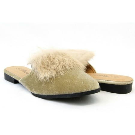 Women Fashion Open Back Flat Shoes Pom Pom Fur Champagne