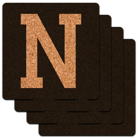 Letter N Initial Black White Low Profile Cork Coaster Set
