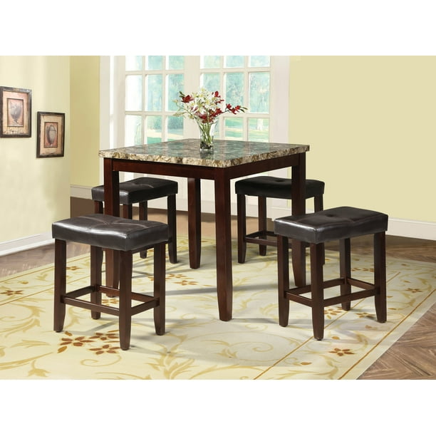 Acme Rolle 5-Piece Counter-Height Dining Set, Faux Marble and Espresso