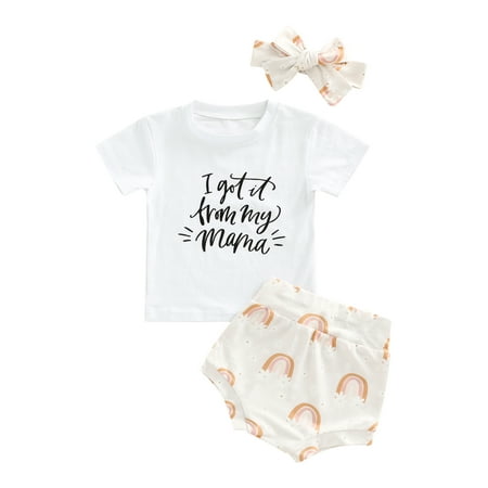 Arvbitana 3Pcs Toddler Girls Outfit 6M 12M 18M 24M 3T 4T Summer Round Collar Short Sleeve Letter Tops + Rainbow/Flower Printing Shorts + Headwear
Arvbitana 3Pcs Toddler Girls Outfit 6M 12M 18M 24M 3T 4T Summer Round Collar Short Sleeve Letter Tops + Rainbow/Flower Printing Shorts + Headwear