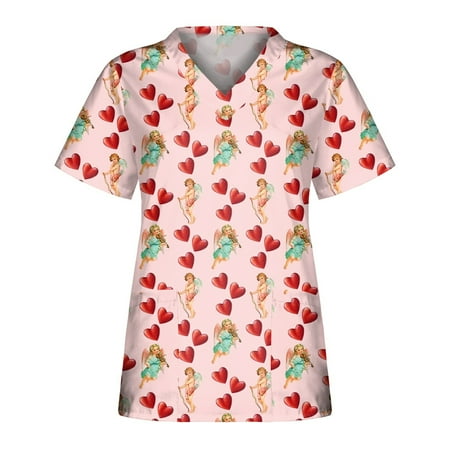 XHJUN Womens Scrub Tops Valentine s Day Nurse Uniform Queen Of Hearts Print V Neck Nurse Shirts Hot Pink XL